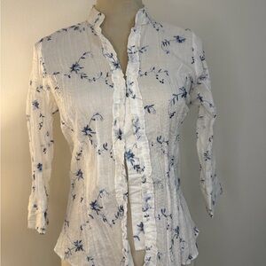 Y2K Sheer Embroidery White and Blue Floral Blouse Women’s - Size S